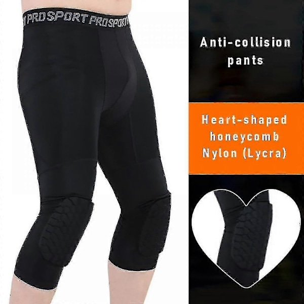 Basketbyxor med knäskydd, ungdoms krockskyddande sport 3/4 kompressionsbyxor leggings herr volleyboll skyddsutrustning - WELLNGS Black 3XL