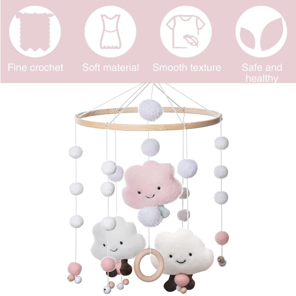 Mobila vindspel för baby , mobil baby , mobil baby trä med filtkulor 3D-moln, mobil baby säng hänge, rosa-WELLNGS