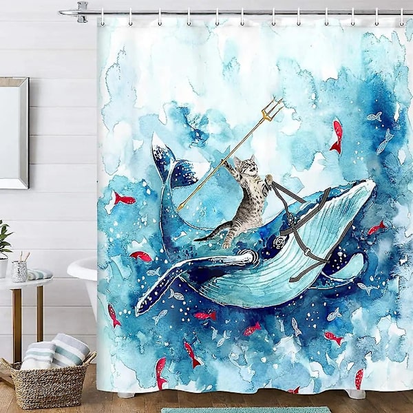 Hauska kissa suihkuverho, viileä kissa dinosaurus japanilainen valtameren aalto sisustus kangas kylpyhuone verhot, lapset maalaismainen puinen kylpyverho-WELLNGS Ymx2104 200x180cm-78x70in