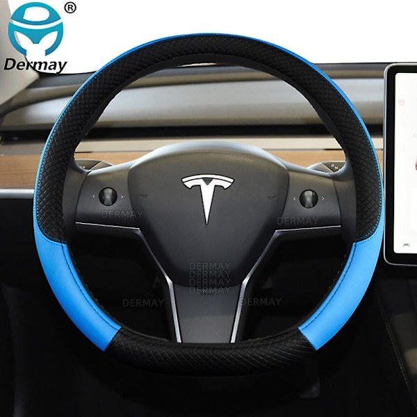 För Tesla Model 3 2016 2017 2018 2019 2020 2021 2022 2023 9 färger Bilstryrskydd Pu Läder Halkfria Biltillbehör-WELLNGS Blue