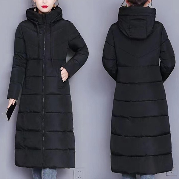 Kvinners vinter dunjakke casual lang glidelås yttertøy puffer jakke egnet for venner samling slitasje-WELLNGS Black 3XL