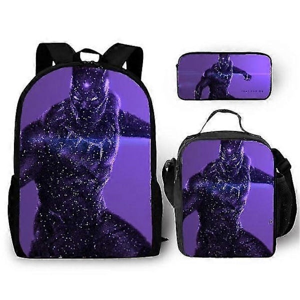 Set med 16 tum 3D-tryckt Black Panther Ryggsäck för Barn Pojkar Flickor Barn Cartoon Ryggsäck + Lunchväska + Pennfodral - WELLNGS T3