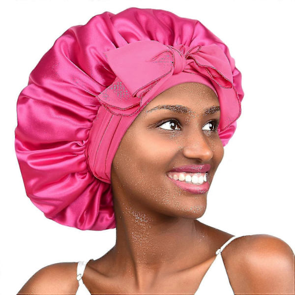 SQCLV Satin Bonnet Siden Bonnet för Sovning Dubbellager Satinfodrad Hårmössa med Band för Kvinnor Naturligt Lockigt Hår - WELLNGS Hot Pink