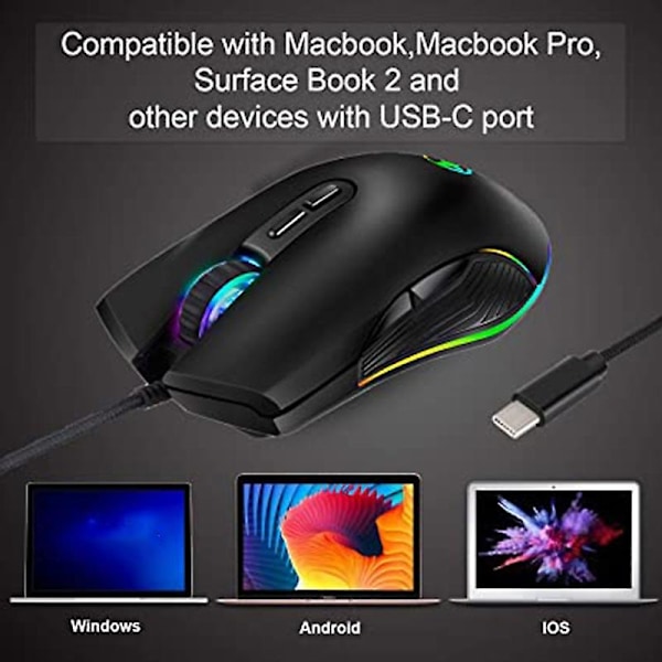 USB C Mus Type C Ergonomisk Ledningsbasert Mus RGB Spillmus - WELLNGS