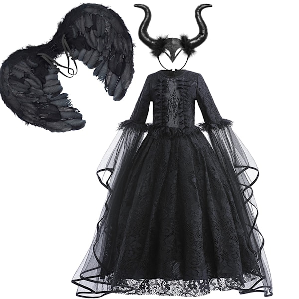 Maleficent tyttöjen mekko ylellinen pitsi musta noitamekko lapset Halloween karnevaali cosplay-asu tumma teema cosplay-asu mekkosetti-WELLNGS Dress Sets 01 4Y Tag-120