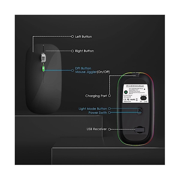 Bt5.1+2.4ghz Langaton Hiiri Hiiren Liikuttajan kanssa, Ladattava 2.4g Hiiri, Hiiren Liikuttaja USB-laitteille - WELLNGS