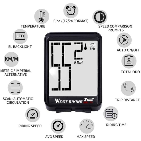 Trådløs cykelcomputer, stor digital cykelcomputer, cykelcomputer, speedometer - WELLNGS