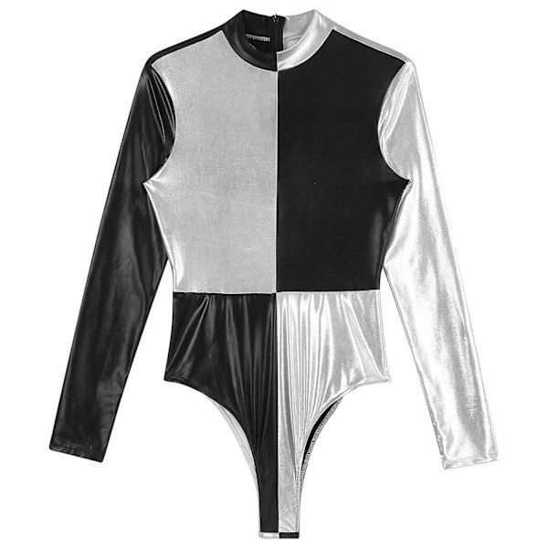 Dam glänsande metallicballet dans leotard vuxna gymnastik body långärmad lappverk akrobatik konståkning jumpsuit-WELLNGS Black B XXL