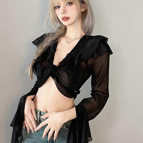 Naisten solmittava etuosa, kellomaiset pitkät hihat, läpikuultava verkkokangas crop top, yksivärinen pitkähihainen paita, musta-WELLNGS XL