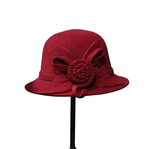 Vinterhatt Bøtte Vintage Ull Beret Filt Cloche Hatt med Blomst-WELLNGS Dark Red
