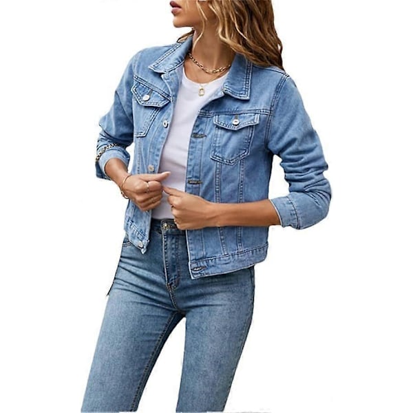 Dame Denimjakke Casual Lang Erme Krage Solid Farge Knapp Lomme Slank Passform Denimjakke Vår Høstjakke med Lommer - WELLNGS wathet XL