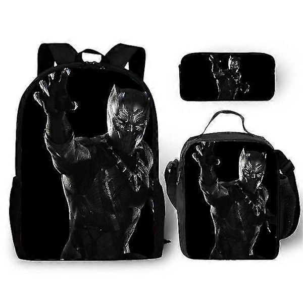 Set med 16 tum 3D-tryckt Black Panther Ryggsäck för Barn Pojkar Flickor Barn Cartoon Ryggsäck + Lunchväska + Pennfodral - WELLNGS T4