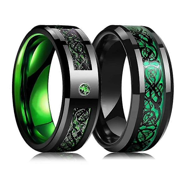 Mote svart Tungsten Celtic Dragon Herre Ring Inlagt Grønn Zirkon Punk Herre Rustfritt Stål Grønn Karbonfiber Ring - WELLNGS 8