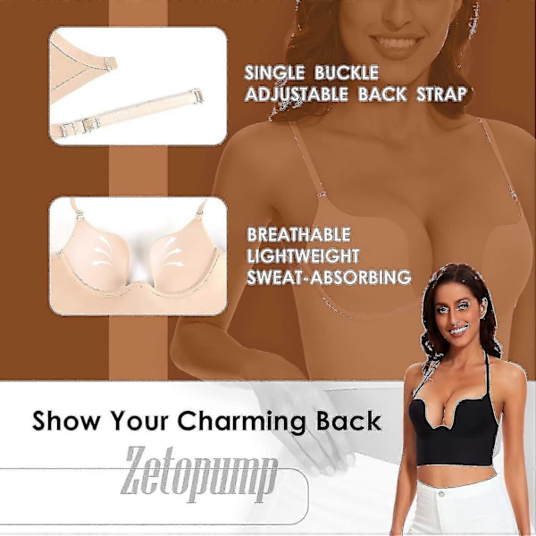 Dame Bh'er med Lav Ryg - Sømløs Dyb U-Formet Halter Bh'er Konvertible Multi-Vejs Lav Udsnit Halter Bh'er Camisole Bh'er - WELLNGS Black 32B