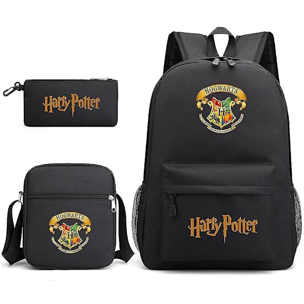 Children's Harry Potter three-piece schoolbag print large capacity outdoor backpack #1-WELLNESS black