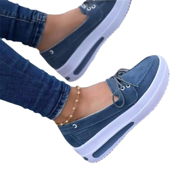 Kvindeskilte Platform Sneakers Snørebånd Slip-on Flade Sko til Daglig Casual - WELLNGS Blue 36