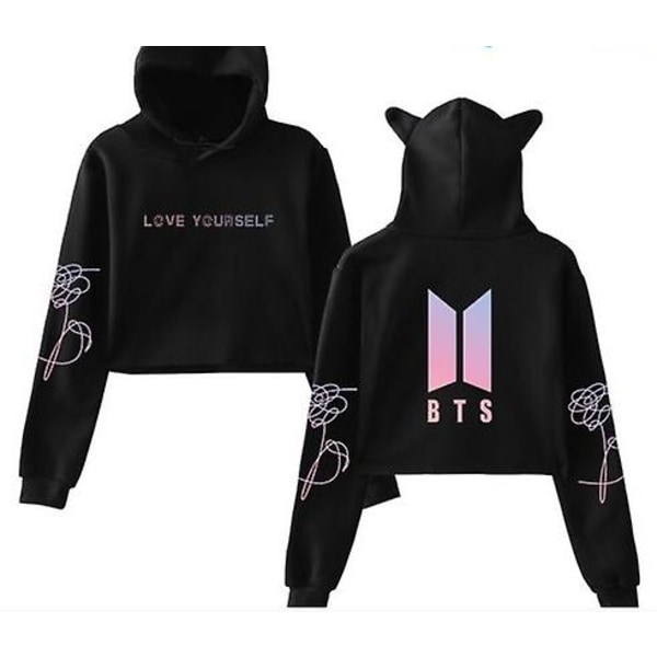 Bts koreansk gruppe perifer utstyr casual navle-baring katteører jente trykt genser-WELLNGS Black A1 XL