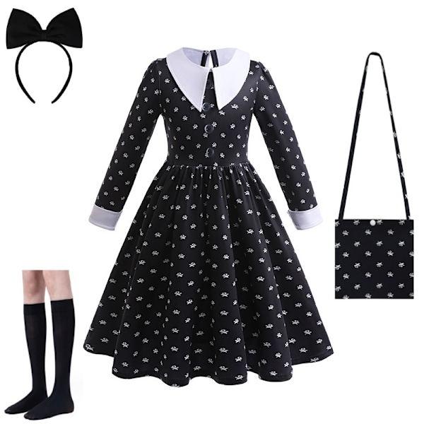 Wednesday Addams jenter 3-12 år gammel gotisk stil Wednesday rollespill kostyme barn Halloween festkjole 160c-WELLNGS 160cm Addams A3