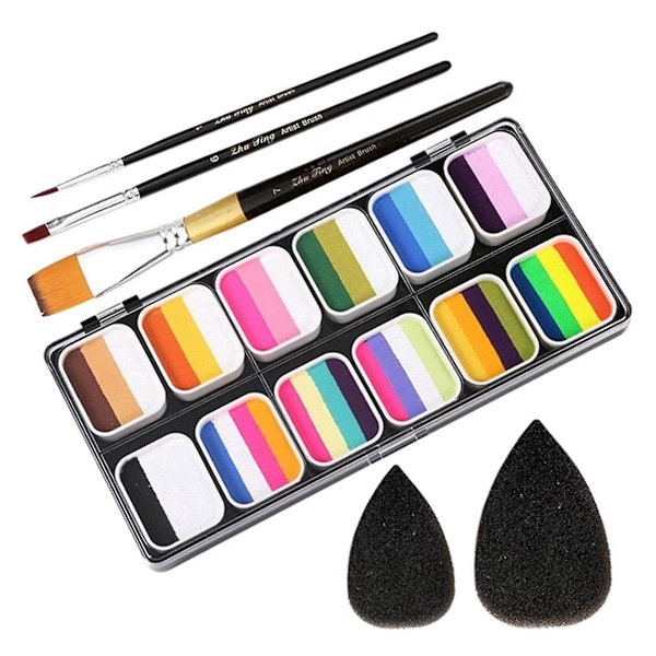 Face Paint Kit 1-stroke 12 Split Cake Palette,water Activated Body Paint Set with 3 Brushes 2 Spong-WELLNGS