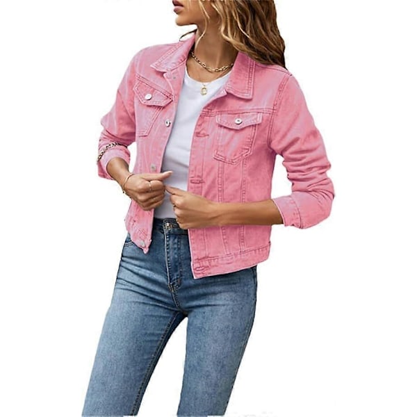 Dame Denimjakke Casual Lang Erme Krage Solid Farge Knapp Lomme Slank Passform Denimjakke Vår Høstjakke med Lommer - WELLNGS Pink S