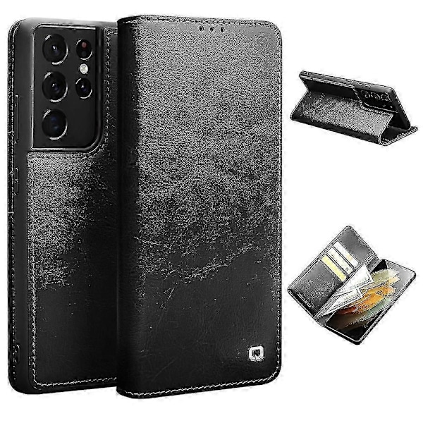 QIALINO Äkta Läder Telefonskal Kompatibelt med Samsung Galaxy S21 Ultra 5G Ställ Plånbok Folio Flip Fodral P20250110223-WELLNGS Black