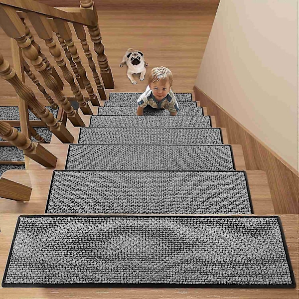 15 kpl Suuret Jutti Portaiden Askelmat - Liukumaton Kumipinta, 30x8 Portaiden Matto Peite, Keskipitkä Pörrö, Yksivärinen, Kudottu, Mattoportaille -WELLNGS Black 7pcs