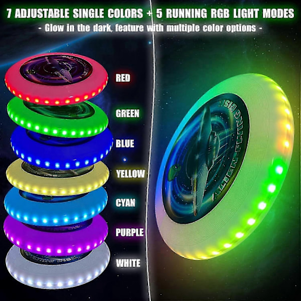 Luminous LED Frisbee - 38 RGB LED-lampor, 7+5 ljuslägen, laddningsbar, IP65 vattentät utomhuslek rolig leksak för vuxna och familjer/pojkar/ - WELLNGS White