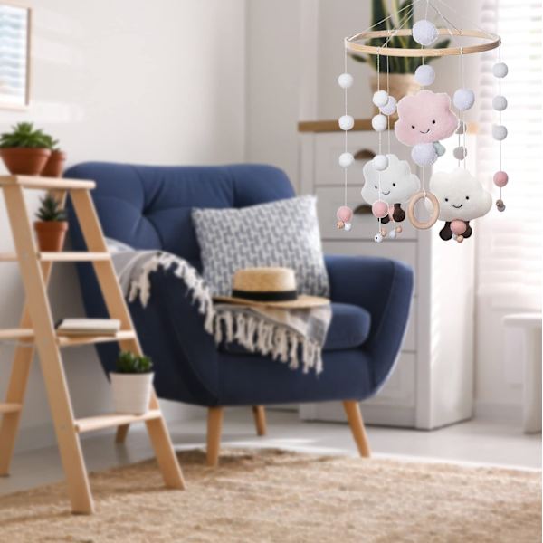 Mobila baby vindspel, mobil babyflicka, mobil baby trä med filtbollar 3D moln, mobil babyflicka sängklocka hänge, rosa-WELLNGS