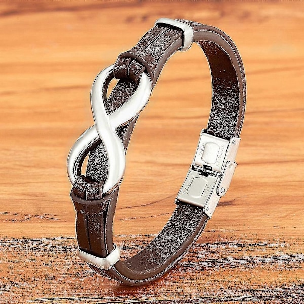 Luksuriøst ekte lær armbånd med uendelighetssymbol for menn - rustfritt stålspenne - WELLNGS Brown with Silver 23cm