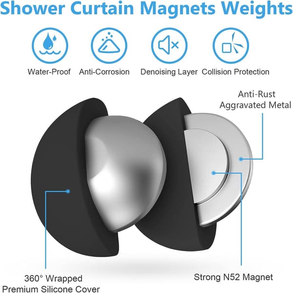Par duschdraperivikter, duschdraperimagneter som aldrig rostar, magneter förhindrar duschdraperifoder - Svart-WELLNGS