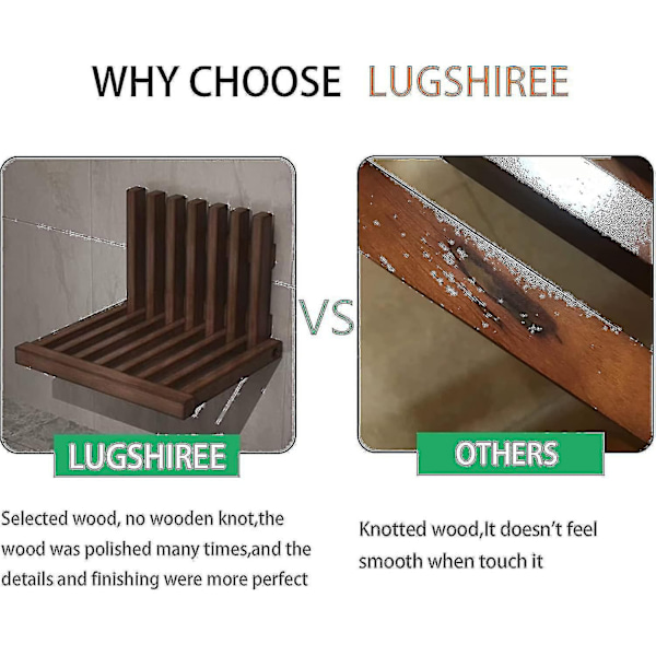Lugshiree Duschstol Bänkväggmonterad Fällbar Pall Duschpall för Inuti Duschentré Massivt Trä Skobyte Pall -WELLNGS Walnut Color