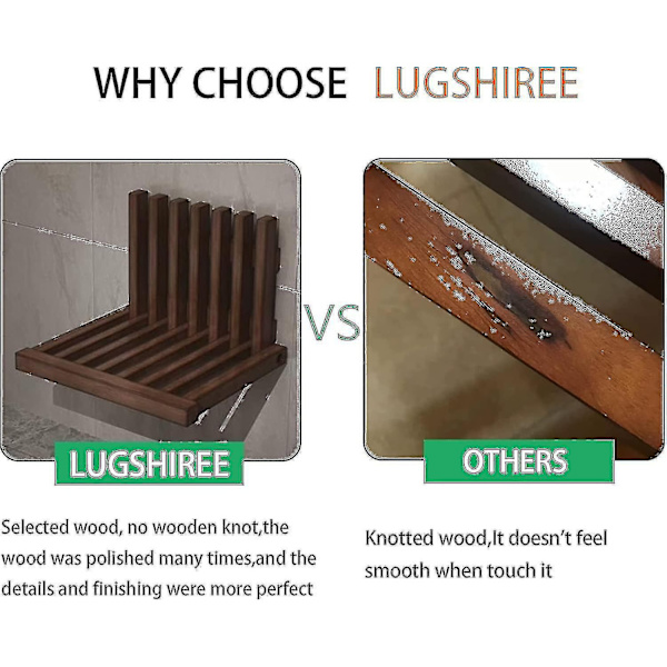 Lugshiree Suihkutuoli Penkki seinälle kiinnitettävä taittuva jakkara Suihkutuoli sisäsuihkuun sisäänkäynti Massiivipuinen kenkienvaihtojakkara -WELLNGS Walnut Color