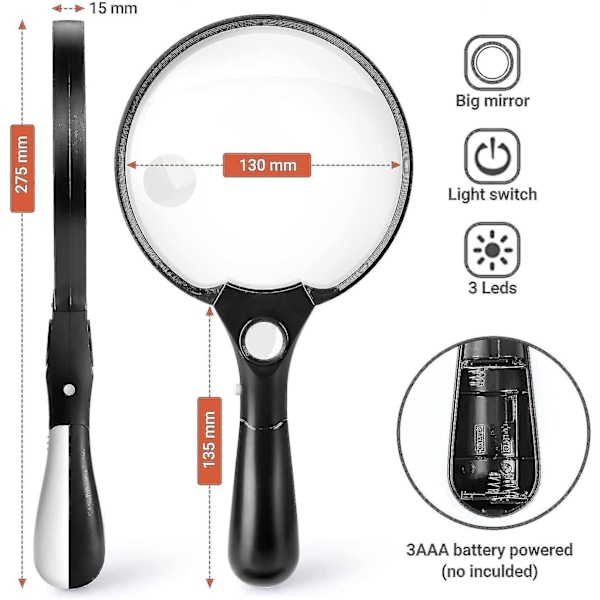 Erittäin suuri LED-käsisuurennuslasi valolla - 2x 4x 25x linssin zoom kevyt särkymätön suurennuslasi - WELLNGS