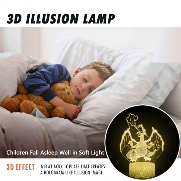 WJ 3D Illusion Nattlys Dragon LED Bordlampe med Fjernkontroll 16 Fargeskiftende for Hjemmedekorasjon Bursdag-WELLNGS eldsprutande drake