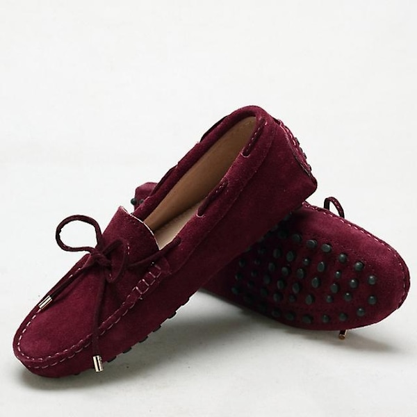 Dame Sko 2023 100% Ekte Lær Dame Flate Sko 13 Farger Casual Loafers Dame Flats Sko Moccasins Dame Kjøresko-WELLNGS Wine Red 5