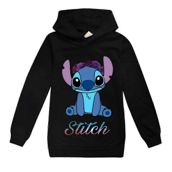 Barn Pojkar Flickor Söt Stitch Tryck Ärm Huvtröja Pullover Toppar Casual Huvtröja-WELLNGS Black 9-10 Years