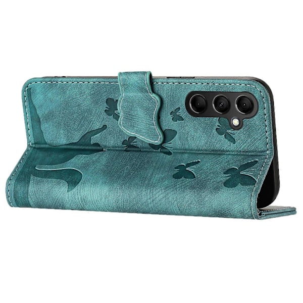 Kompatibel med Samsung Galaxy A15 4G/ A15 5G Kort Slots Etui Sommerfugl Kat Læder Wallet Telefon Cover-WELLNGS Green