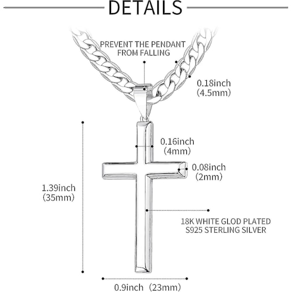 925 Sterling Sølv Kors Halskæde Til Mænd Kvinder 45mm Rustfrit Stål Højpoleret Cubansk Led Kæde 18k Hvidguld Belagt Skrå Kant Krucifiks 20in-51cm