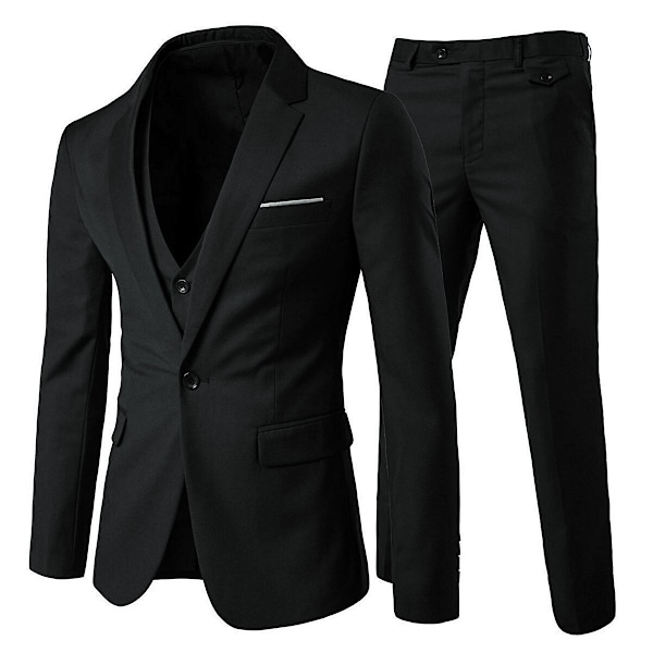 Allthemen Herre Dress 3-delt Business Solid Slim Fit Dressjakke&amp;Bukser&amp;Vest-WELLNGS Black XS