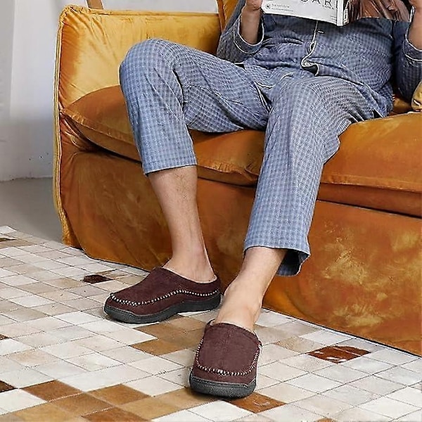 Mænds Mocassin-Tøfler, Indendørs/Udendørs Varme Plys Behagelige Hjemmesko, Fluffy Bredsålede Tøfler - WELLNGS Coffee 7-8