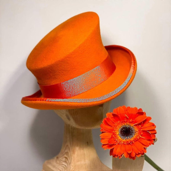 Epäsymmetrinen silinterihattu, villahattu, naisten, miesten, unisex-hattu, steampunk-hattu, silinterihattu, muoti, nauhakoristeinen hattu, päänsuoja miehille - WELLNGS Orange