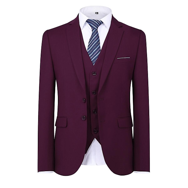 Allthemen Herrkostym för bröllopsfest Middag 3-delars Businesskostym Blazer Väst Byxor 9 Färger-WELLNGS Dark Red S