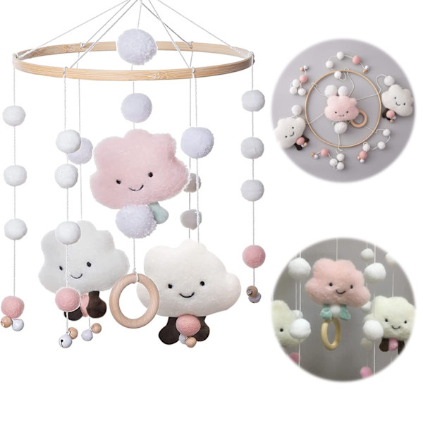 Mobila baby vindspel, mobil babyflicka, mobil baby trä med filtbollar 3D moln, mobil babyflicka sängklocka hänge, rosa-WELLNGS