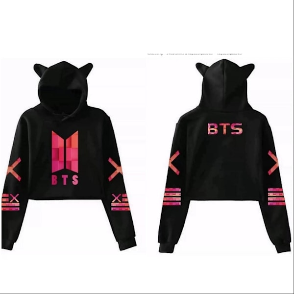 Bts koreansk gruppe perifer casual navle-baring katteører jente trykt genser-WELLNGS Black J0293 M