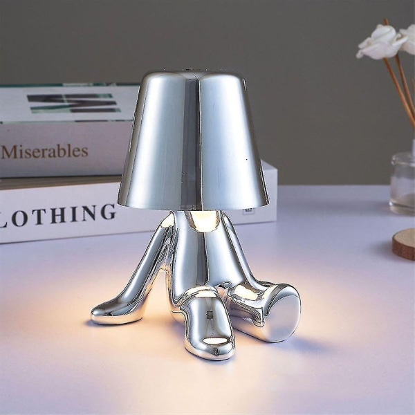 Yöpöydän kosketusvalaisin, kultainen Thinker-pöytälamppu pöytälamppu johdoton ladattava kannettava koristeellinen yöpöytälamppu USB latauksella -ge hopea-WELLNGS silver D