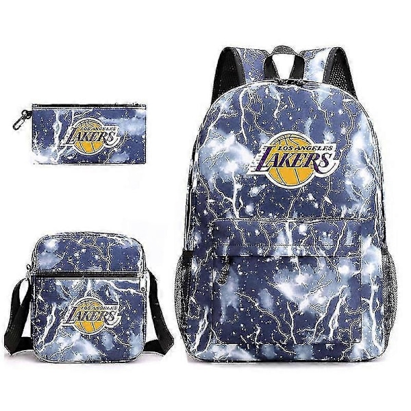 Tre-delad skolväska Lakers tryck pennväska axelväska-r-WELLNGS Lightning blue Three piece set