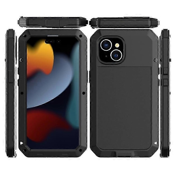 Kompatibel med Iphone 15 Stöttåligt Liv Vattentätt Dammtätt Metall + Silikon Mobiltelefonfodral-WELLNGS Black 15 Pro