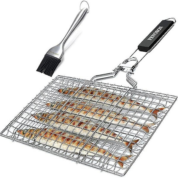 Fiskegrillkurv, Foldbar bærbar rustfrit stål BBQ grillkurv til fisk grøntsager rejer med aftageligt håndtag, Kommer med smørebørste og