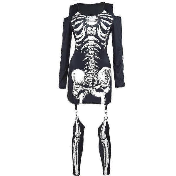 Halloween Skelett Tryckt Dam Maskerad Cold Shoulder Pennklänning med Strumpbyxor Outfit Set-WELLNGS M