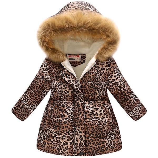 Pige Børn Faux Fur Krave Hætte Parka Frakke Vinter Varmt Lynlås Op Puffy Jakke Yderbeklædning - WELLNGS Leopard 10-11 Years